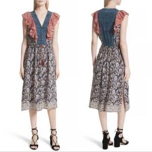 Anthropologie Sea New York 100% Silk Floral Ruffle Midi Dress size 0